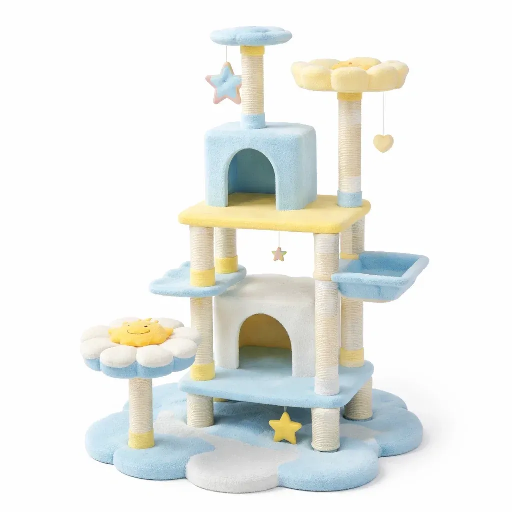 Arbre à chat en peluche bleu et jaune-Zenpatchz