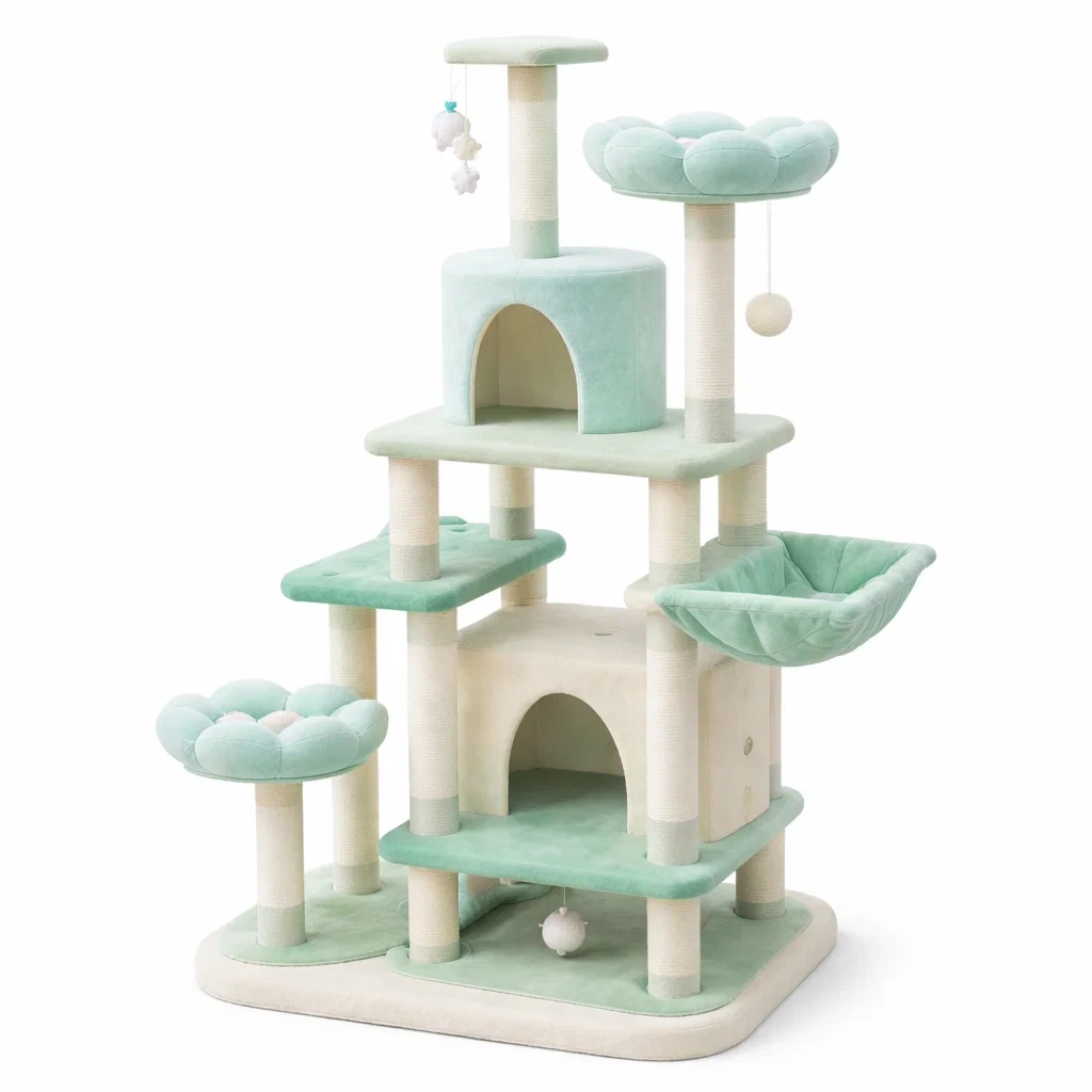 Arbre à chat en bois MDF avec peluche et sisal vert et crème-Zenpatchz