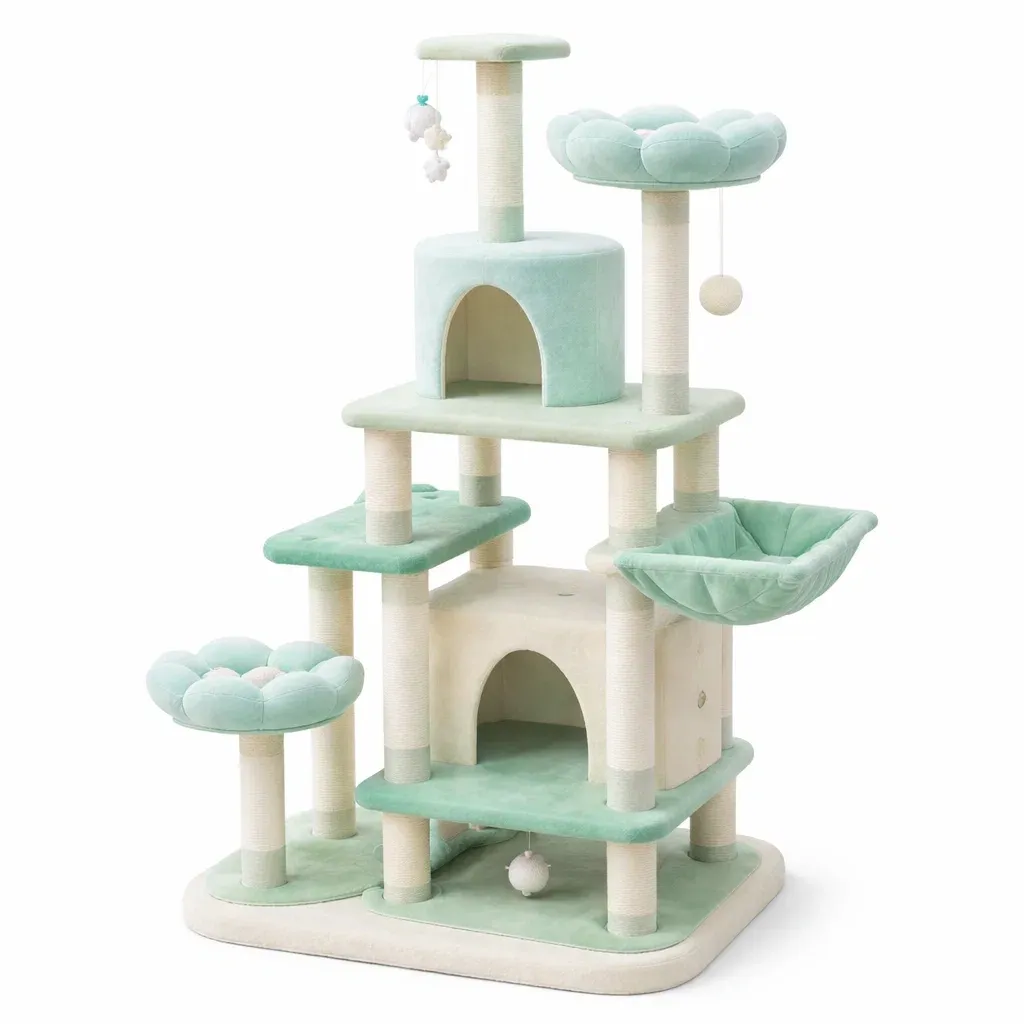 Arbre à chat en bois MDF avec peluche et sisal vert et crème-Zenpatchz