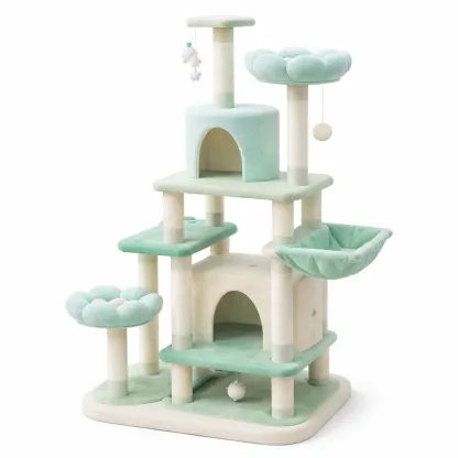 Arbre à chat en bois MDF avec peluche et sisal vert et crème-Zenpatchz