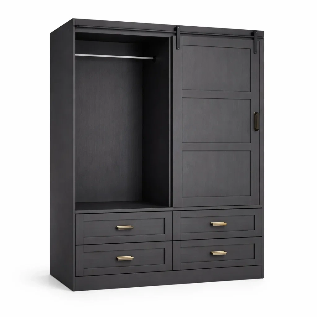 Armoire en bois avec portes coulissantes et tiroirs gris-Zenpatchz