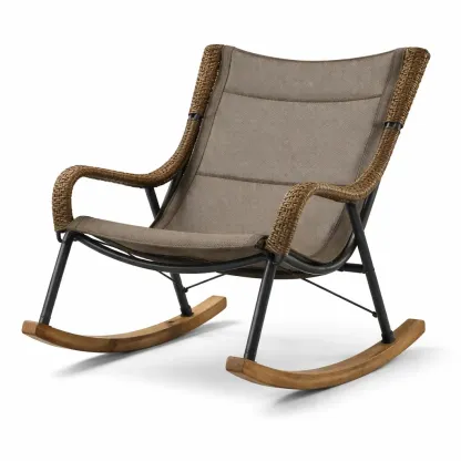 Chaise à bascule en tissu polyester marron structure acier et rotin-Zenpatchz