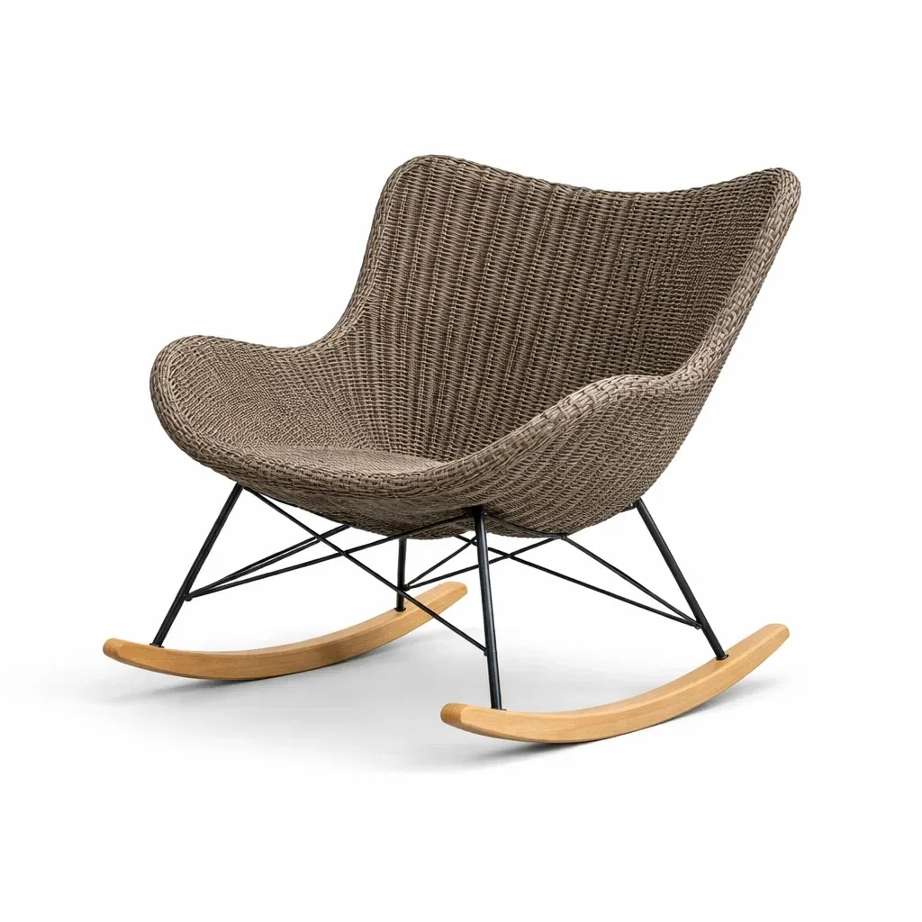 Chaise à bascule en résine tressée avec piètement métallique et patins en bois-Zenpatchz