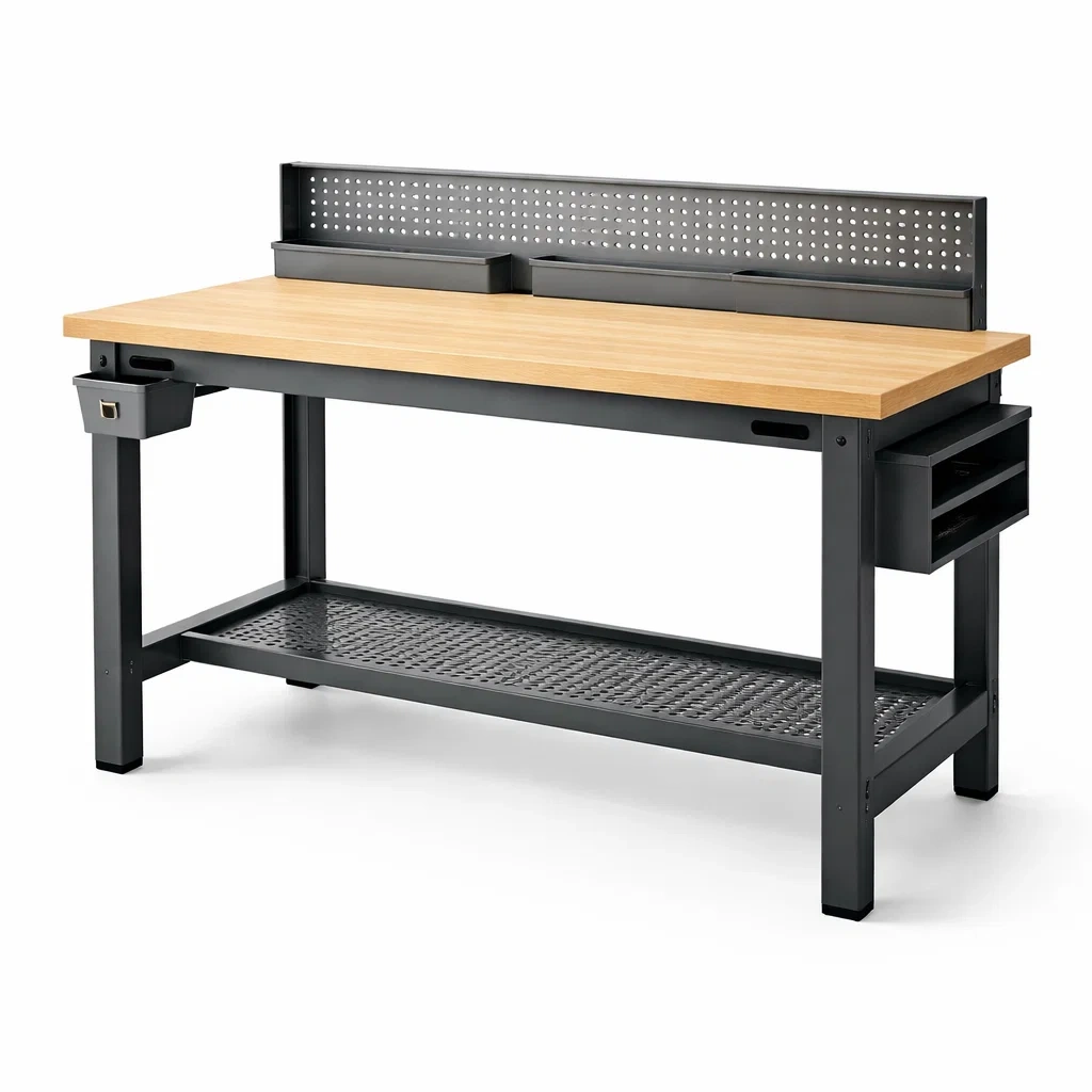 Établi en métal avec plateau en bois et rangement-Zenpatchz