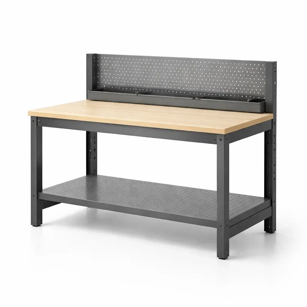 Établi en bois et métal avec étagère grise 150x70x150 cm-Zenpatchz