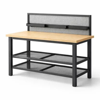 Établi bois métal avec 2 étagères 150x60x90 cm-Zenpatchz