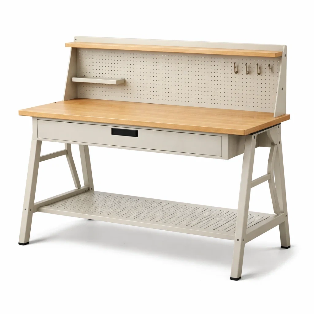 Établi en métal blanc avec plateau en bois et crochets-GARDENCHILL