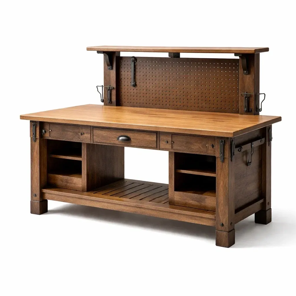 Établi en bois massif avec étagère et panneau perforé-GARDENCHILL