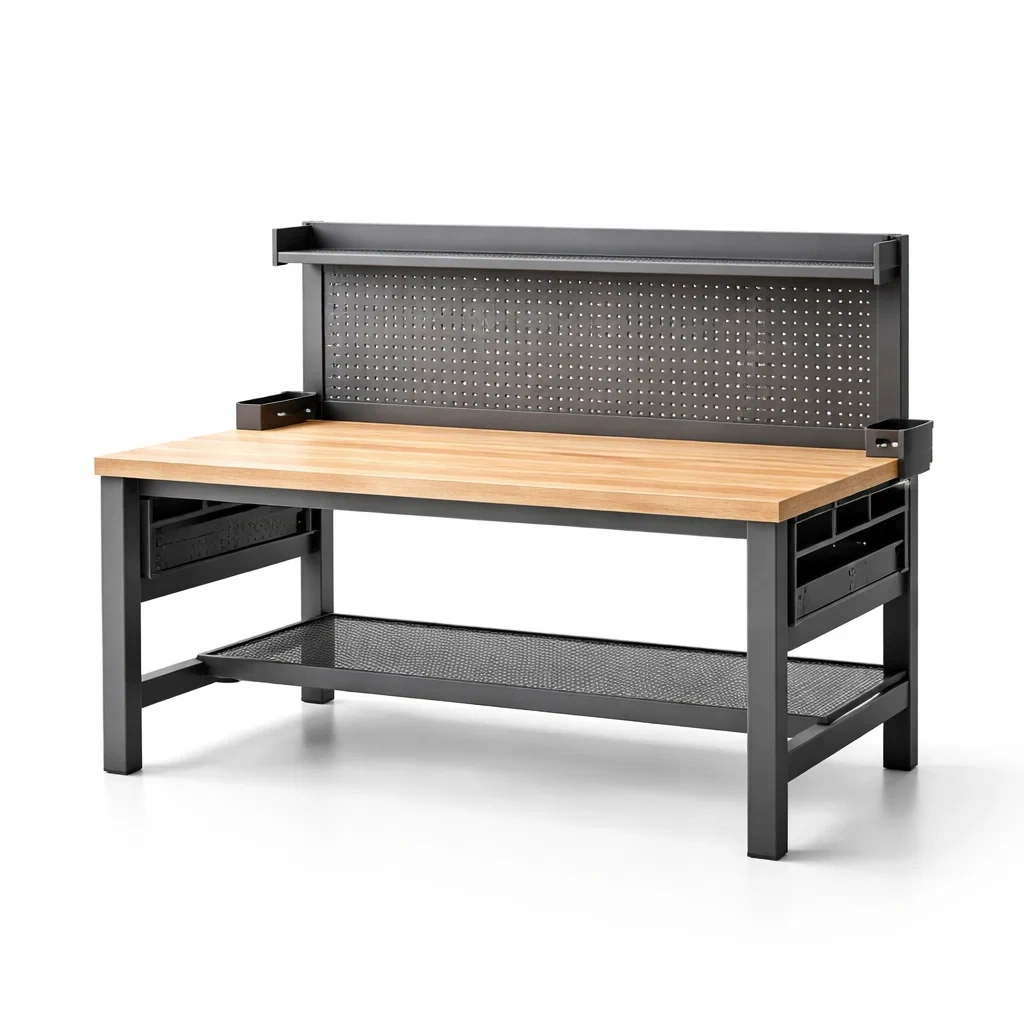 Établi en métal noir et bois de caoutchouc avec panneau perforé-GARDENCHILL