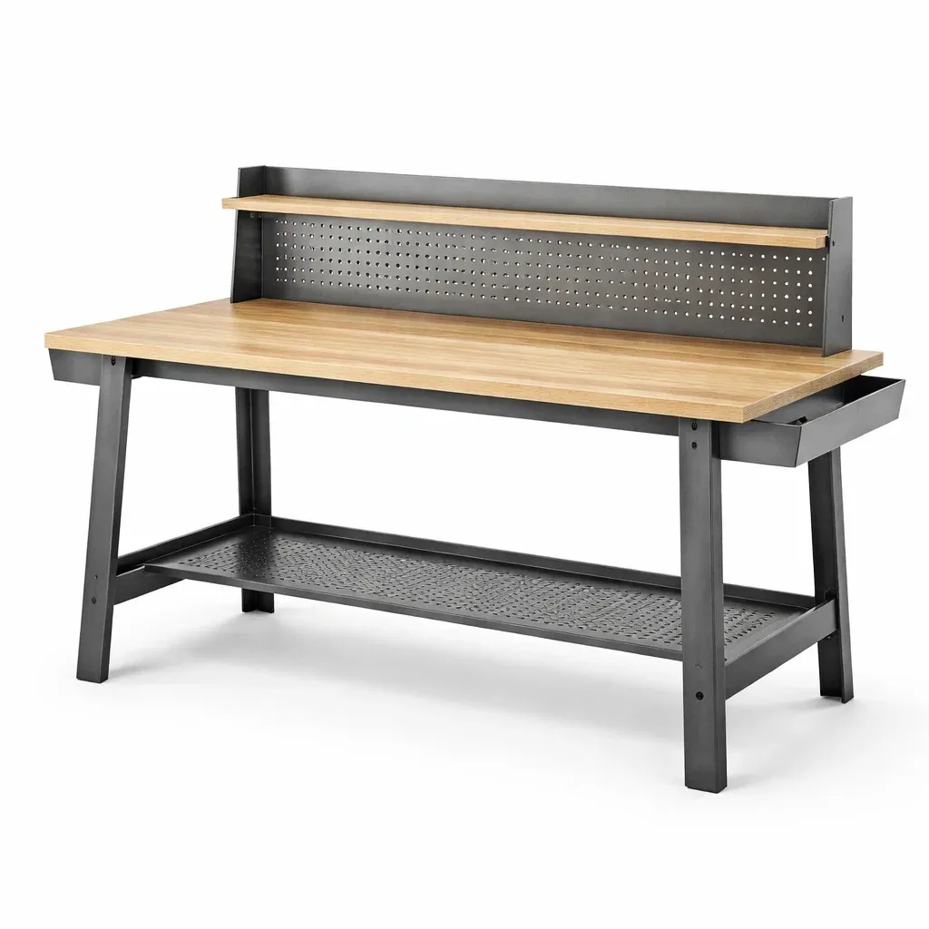 Établi en métal noir avec plateau en bois-GARDENCHILL