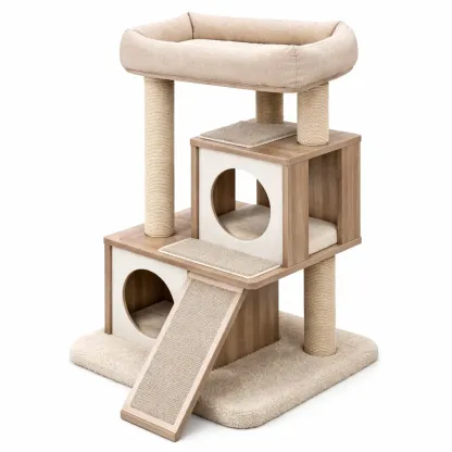 Arbre à chat en bois avec griffoirs et coussins beige-HOMELUSHZ
