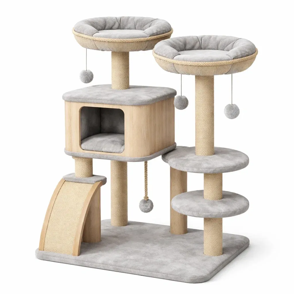 Arbre à chat en bois et sisal avec plateformes grises-HOMELUSHZ