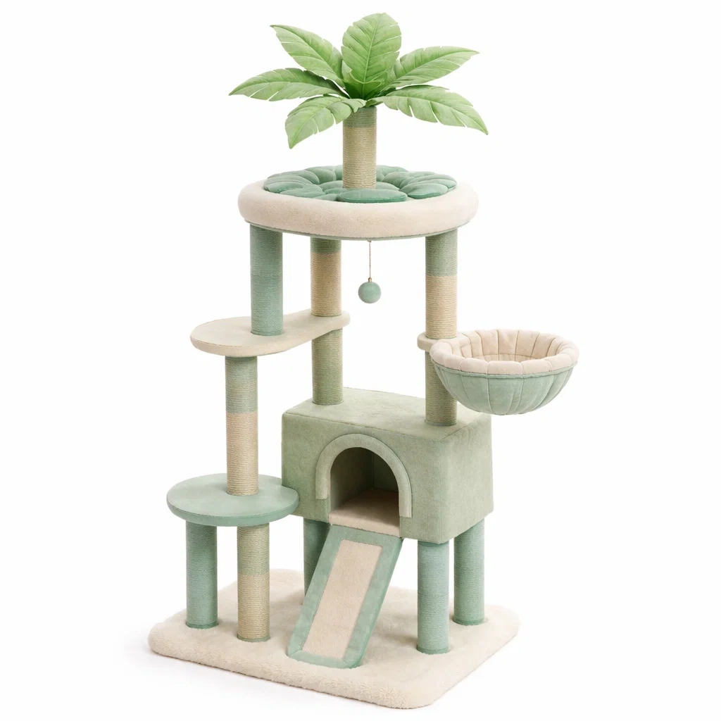 Arbre à chat en tissu et sisal vert et beige-HOMELUSHZ