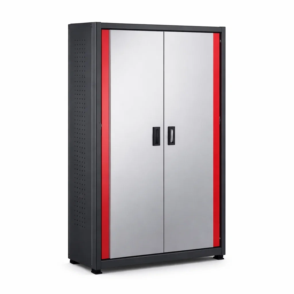 Armoire de rangement de garage en métal avec portes battantes et serrure gris et rouge 180 x 90 x 45 cm-HOMELUSHZ