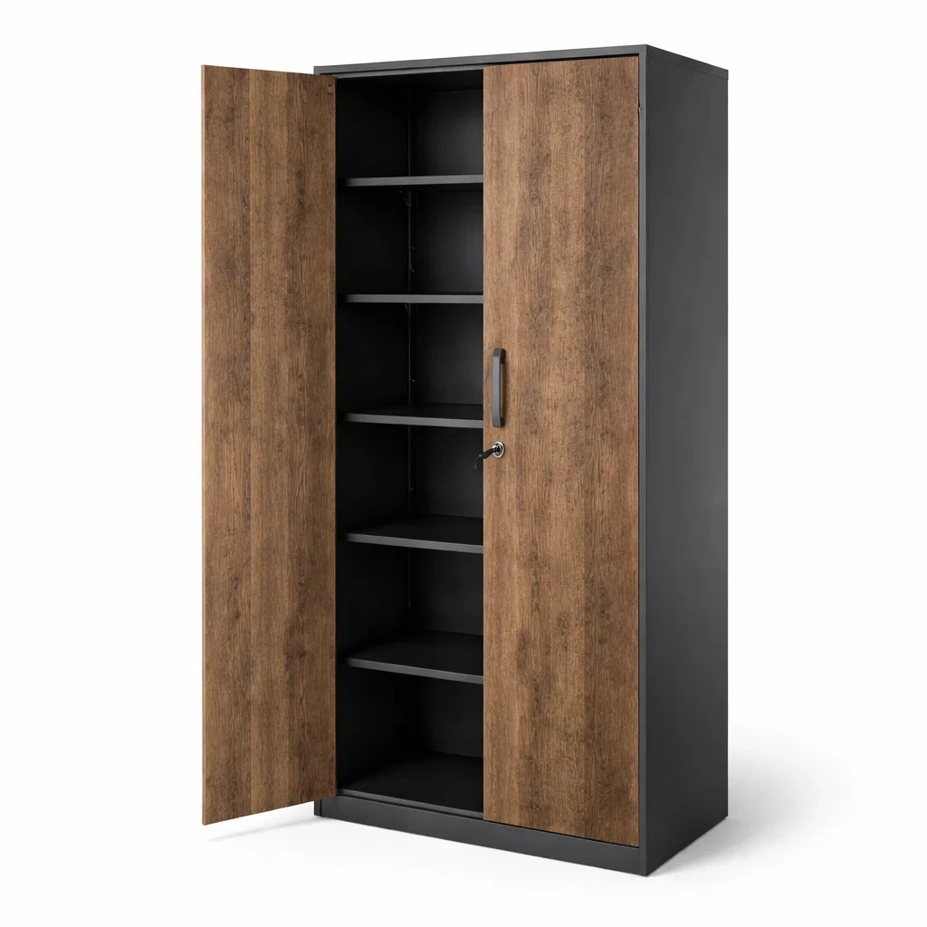 Armoire de rangement de garage en métal et bois avec serrure, 2 portes et 5 étagères-HOMELUSHZ