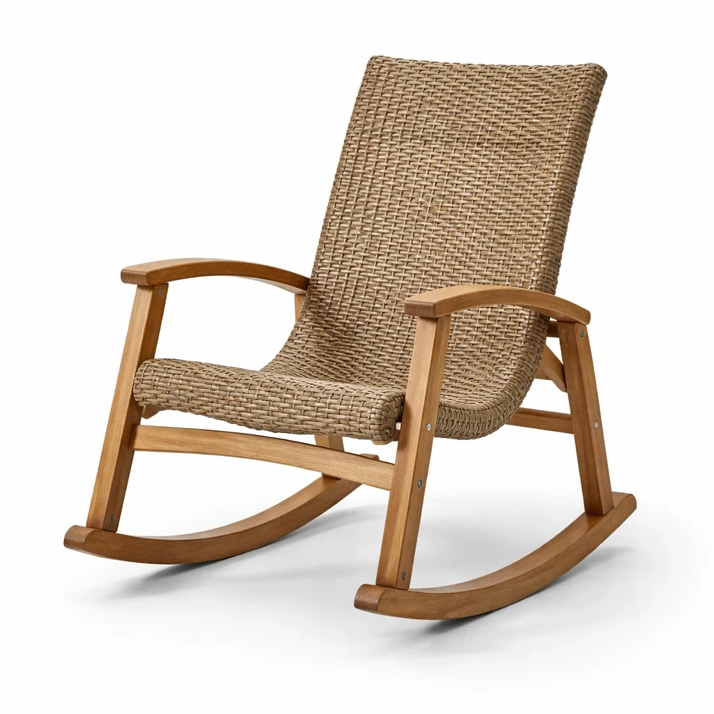 Chaise à bascule en bois d'acacia et rotin beige-HOMELUSHZ
