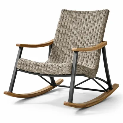 Chaise à bascule en rotin synthétique et métal avec accoudoirs en bois-HOMELUSHZ