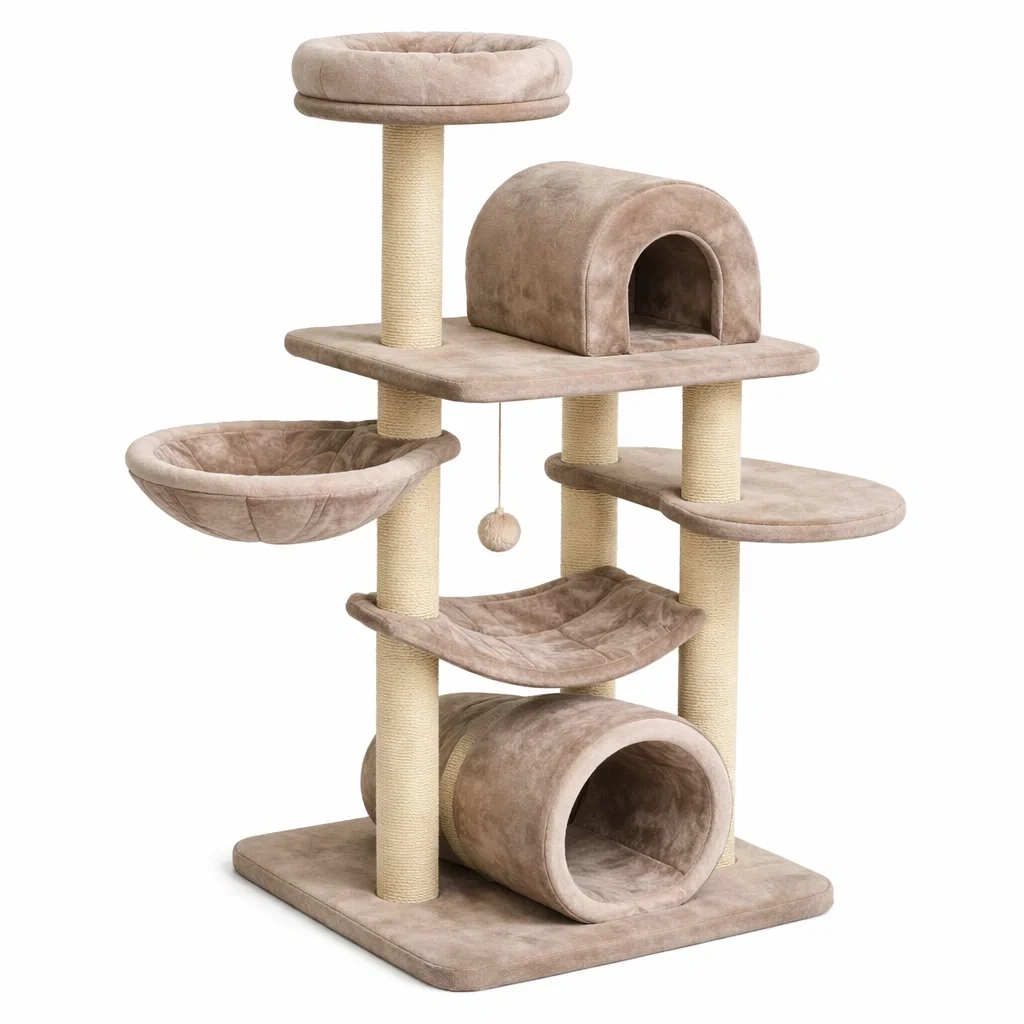 Arbre à chat en bois avec plateformes et cabane beige-HOMELUSHZ