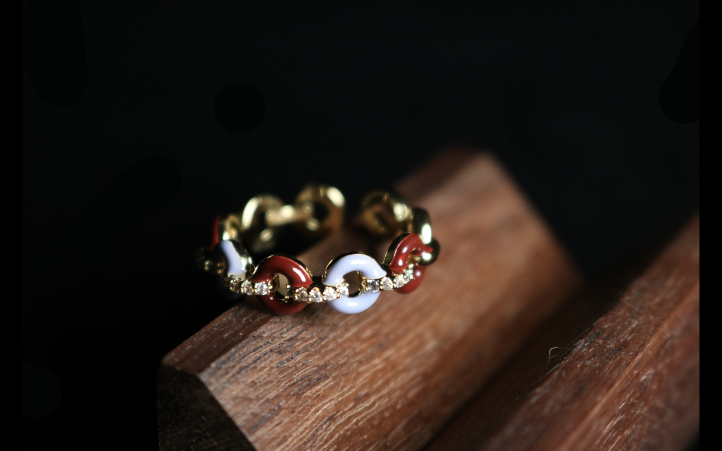 Gilded Linked Enamel & Crystal Ring 