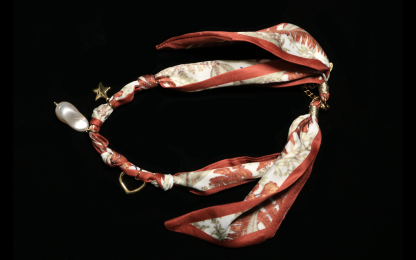 Crimson Leaf-Print Silk Scarf Pendant