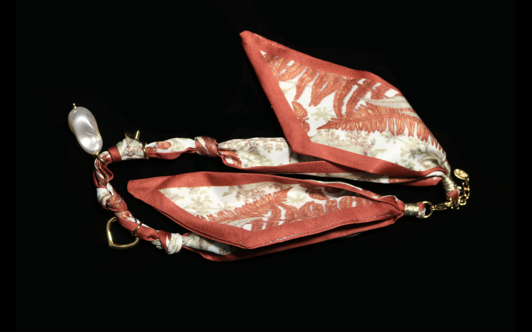 Crimson Leaf-Print Silk Scarf Pendant
