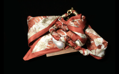Crimson Leaf-Print Silk Scarf Pendant