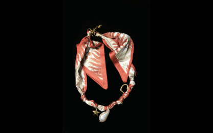 Crimson Leaf-Print Silk Scarf Pendant