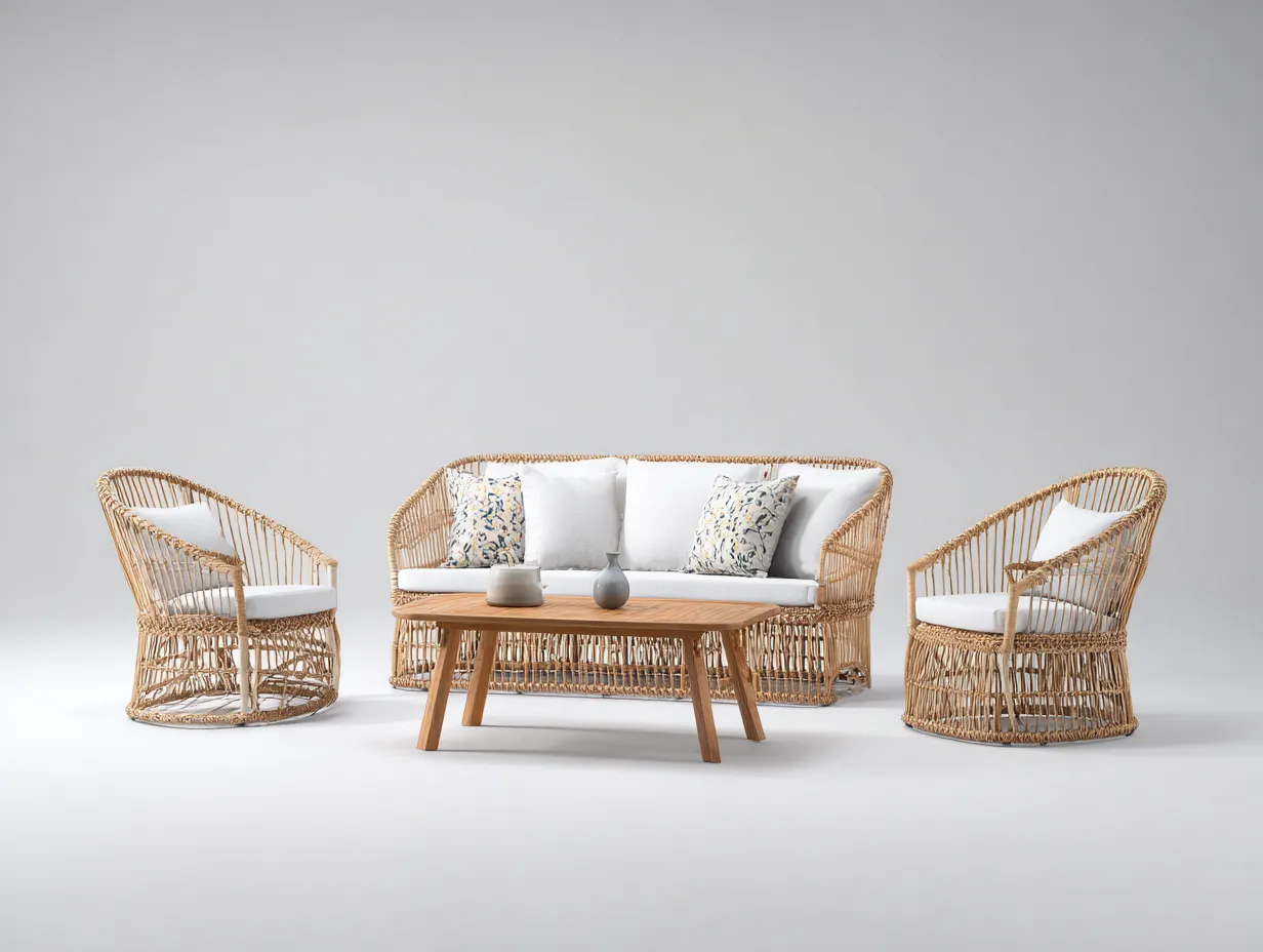 Canapé de jardin - rotin-bois-tissu - 180x82x76 cm - blanc-naturel - style contemporain-Nookuppad