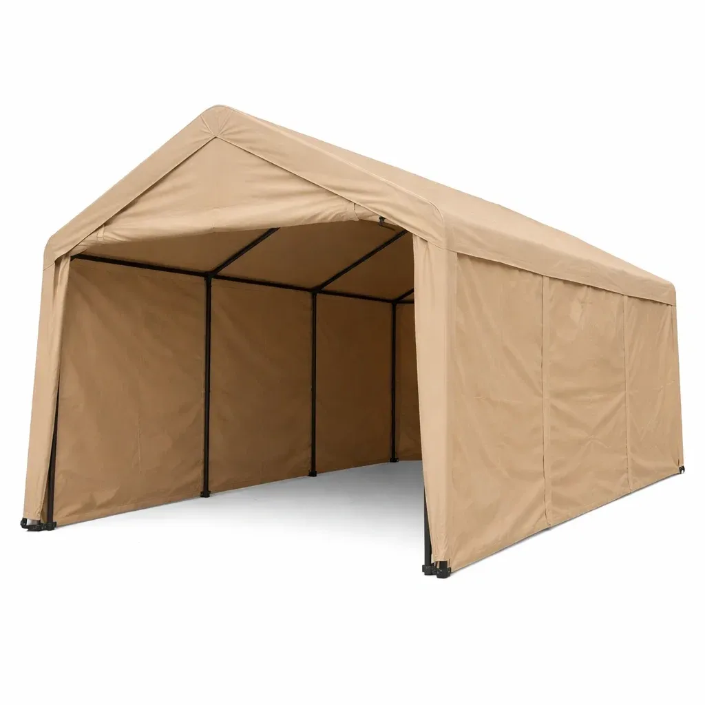 Abri voiture en acier et tissu beige-myhomeyard