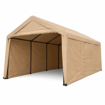 Abri voiture en acier et tissu beige-myhomeyard