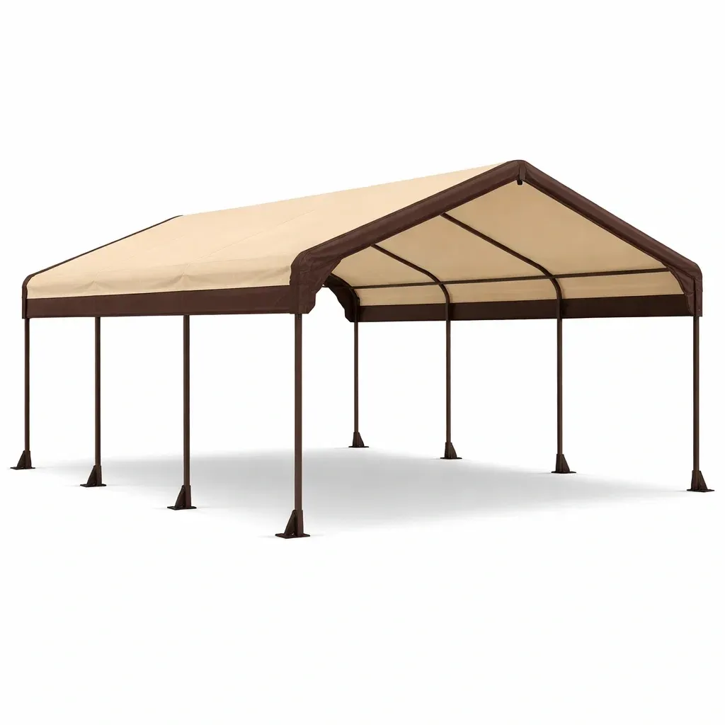 Abri voiture en acier et polyéthylène beige et marron-myhomeyard