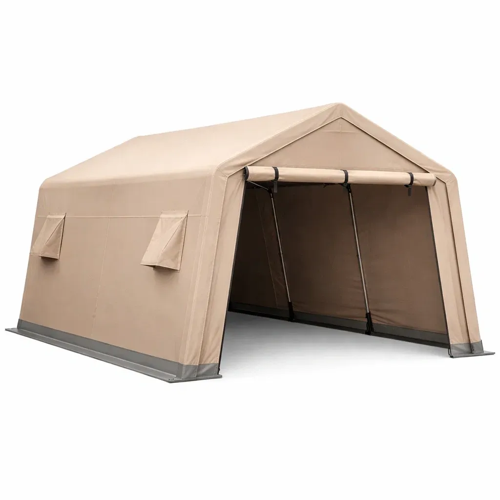 Abri voiture en acier et polyester beige-myhomeyard