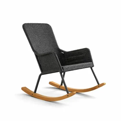 Chaise à bascule en résine tressée noire avec base en métal et pieds en bois-myhomeyard