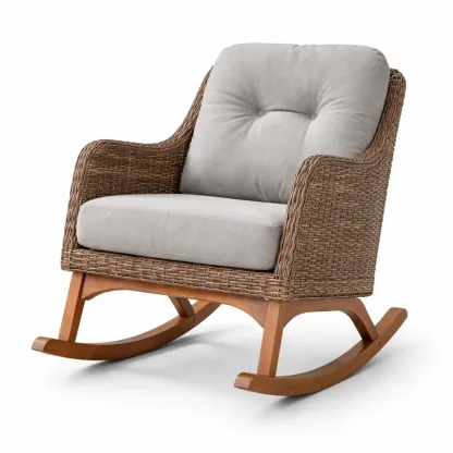 Chaise à bascule en rotin synthétique avec coussins en tissu gris et cadre en bois d'acacia-myhomeyard