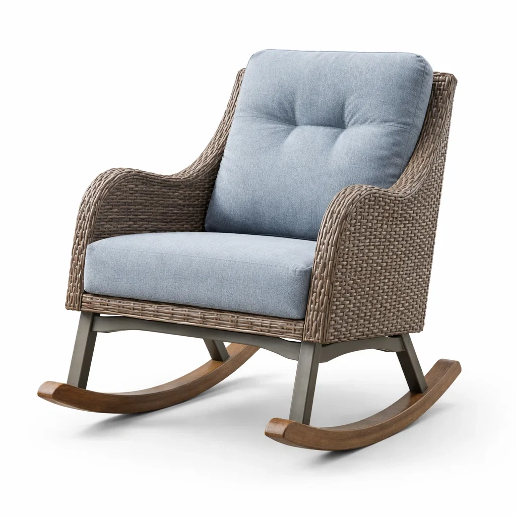 Chaise à bascule en osier coussins bleu-myhomeyard