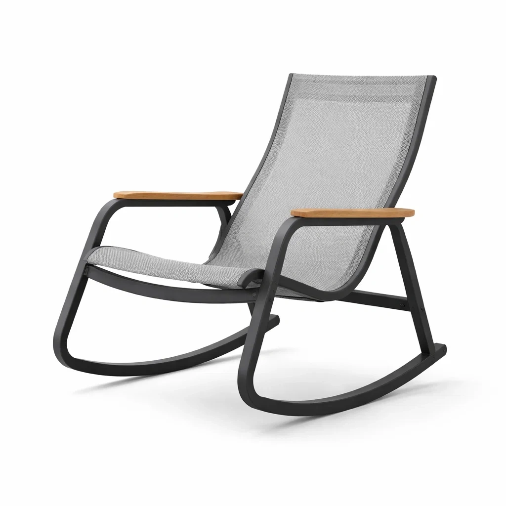 Chaise à bascule en aluminium et bois avec siège en textilène gris-myhomeyard