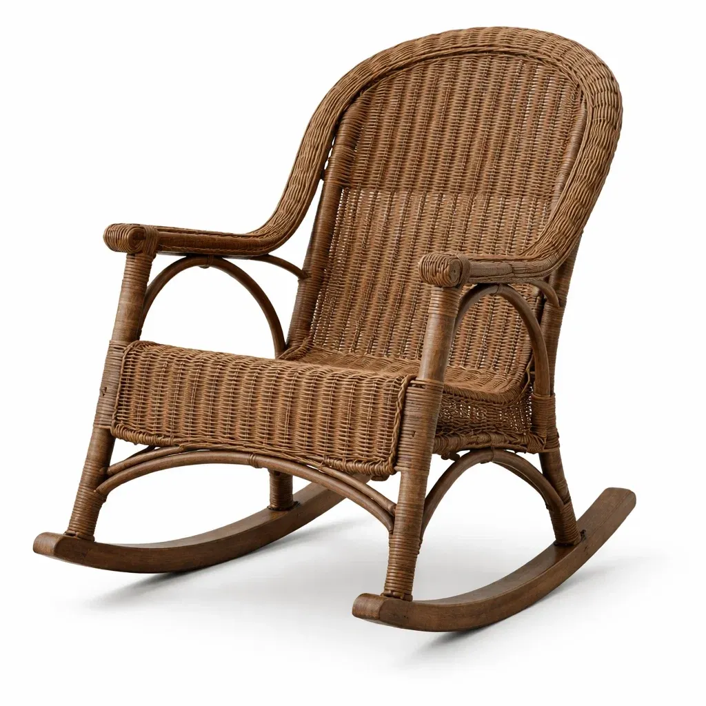 Chaise à bascule en rotin marron avec structure en bois-myhomeyard