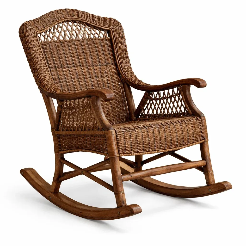 Chaise à bascule en osier marron et bois massif-myhomeyard