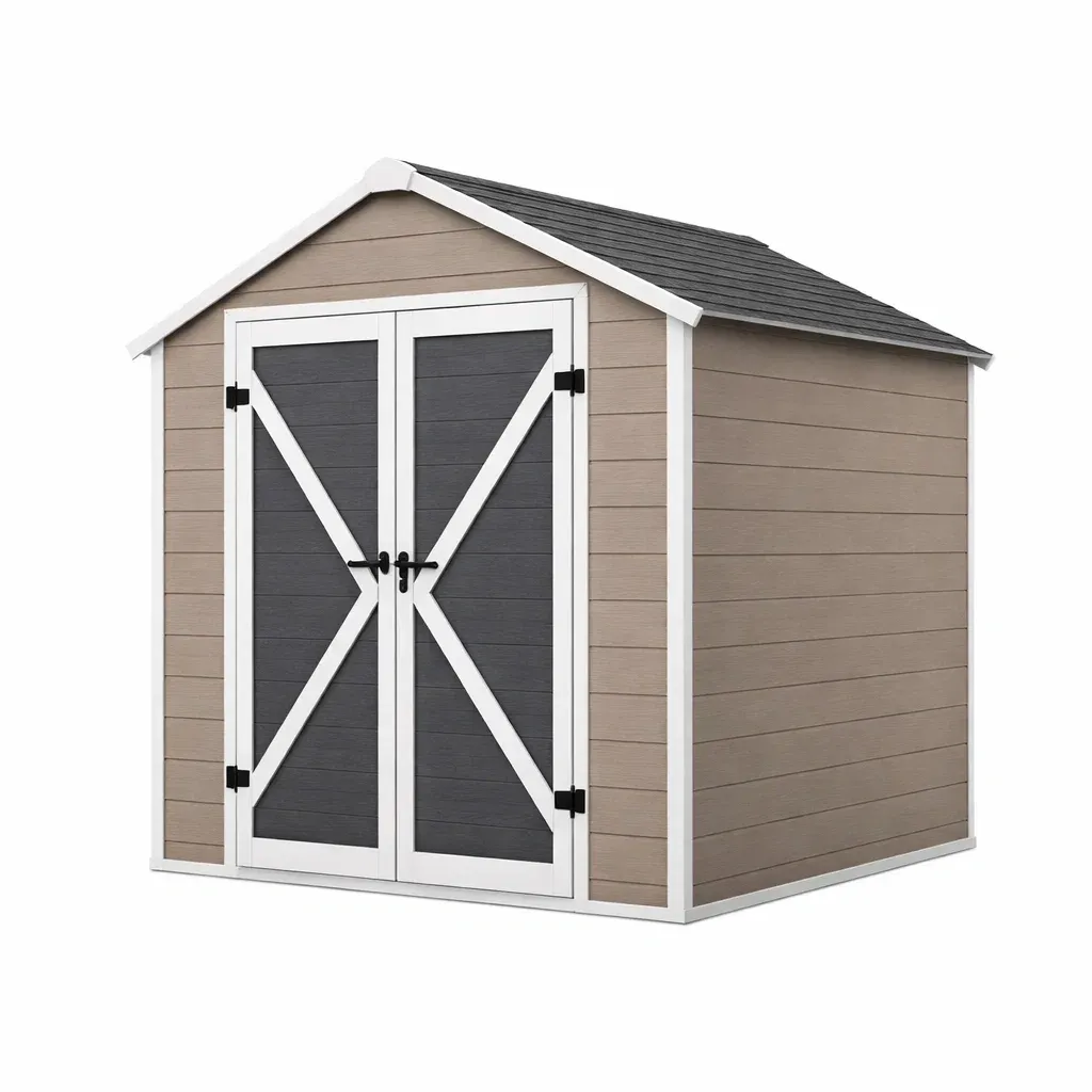 Abri de jardin en plastique gris/beige avec portes doubles 214 x 127 x 200 cm-myhomeyard