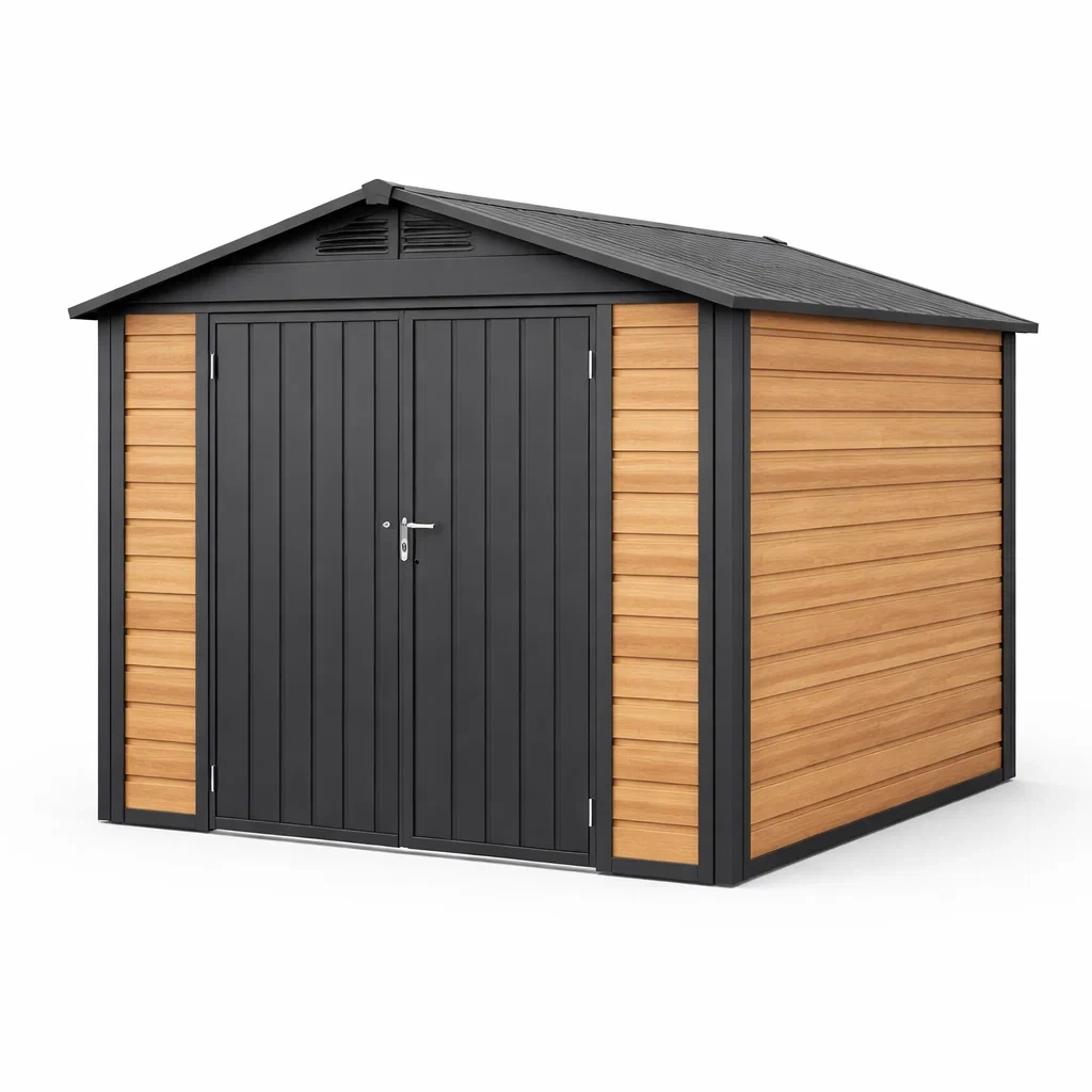 Abri de jardin en métal et résine gris et bois 335 x 265 x 241 cm-myhomeyard