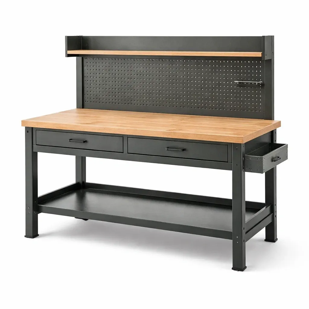 Établi en métal noir et bois avec tiroirs-myhomeyard