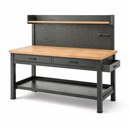 Établi en métal noir et bois avec tiroirs-myhomeyard