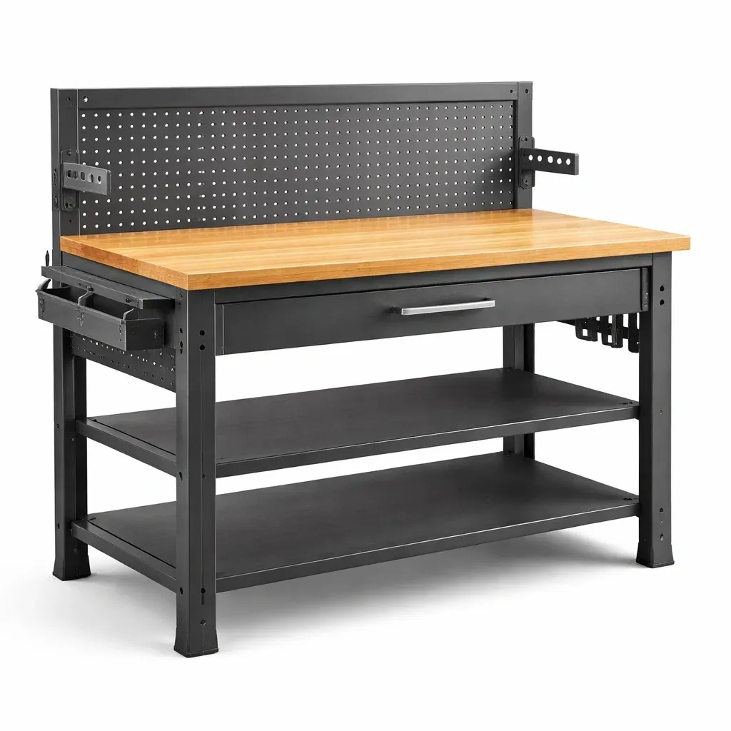 Établi métallique avec plateau en bois et étagères noires-myhomeyard