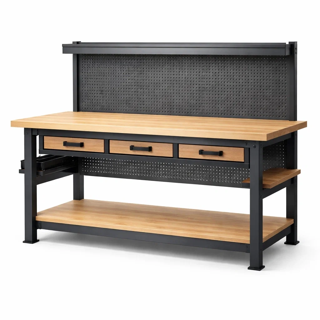 Établi en métal et bois avec 3 tiroirs-myhomeyard