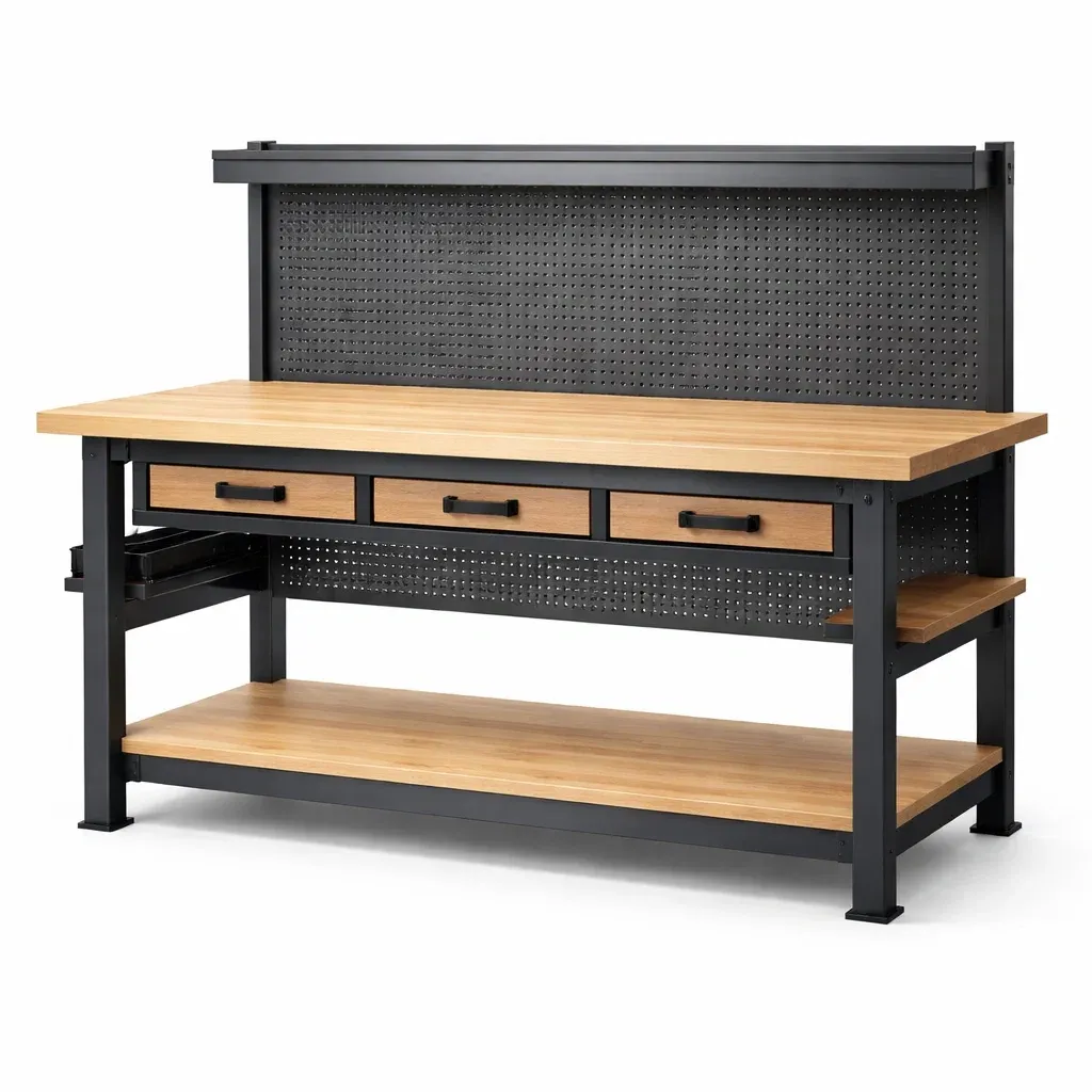 Établi en métal et bois avec 3 tiroirs-myhomeyard