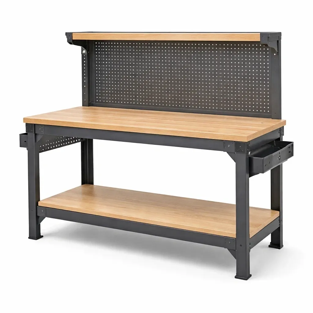 Établi en métal et bois avec panneau perforé-myhomeyard