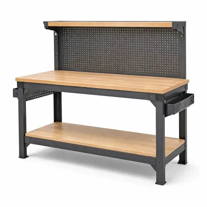 Établi en métal et bois avec panneau perforé-myhomeyard