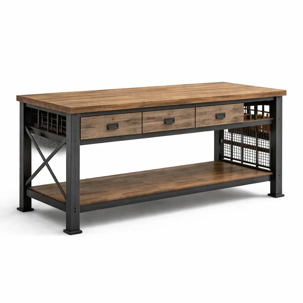 Table de travail bois et métal avec 3 tiroirs et 1 étagère-myhomeyard