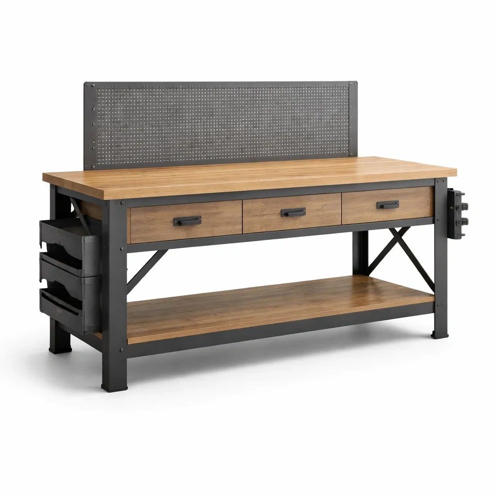 Établi en bois et métal avec panneau perforé 152x61x95 cm-myhomeyard