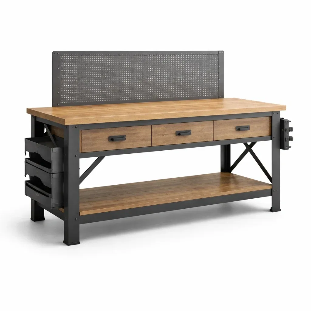 Établi en bois et métal avec panneau perforé 152x61x95 cm-myhomeyard